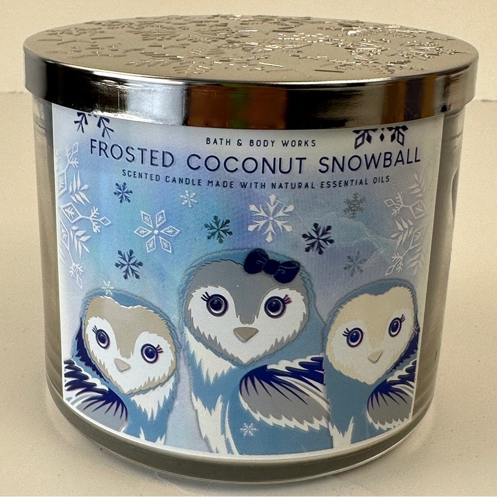 FROSTED COCONUT SNOWBALL Bath & Body Works 3 Wick Candle Essential Oils - Picture 2 of 4